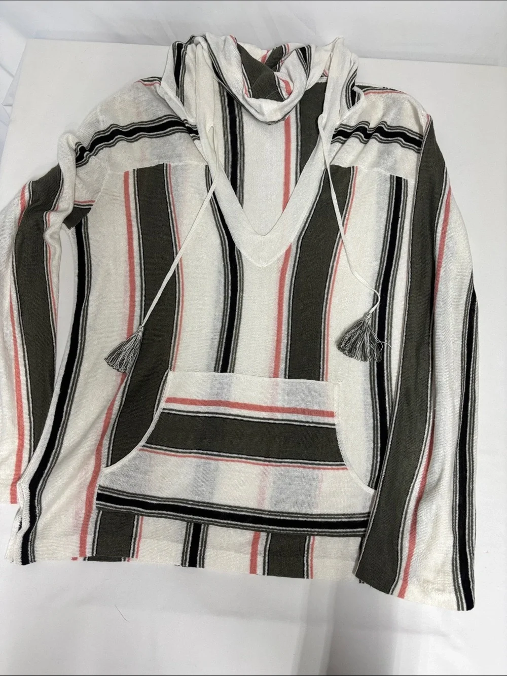360 Sweater 100% Linen Striped Baja Hoodie Pullover Women’s S